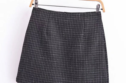 French Retro Debutante High Waist Skirt Fastener Decoration Slim Fit Tweed A- line Hip Wrapped Skirt