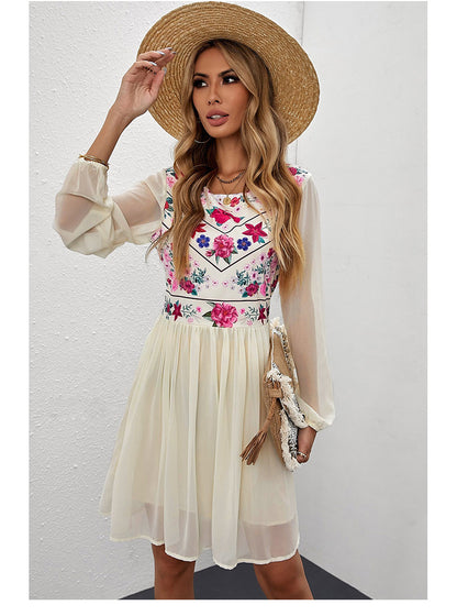 Spring Autumn Bohemian Chiffon Midi Dress Plant Floral round Collar Gauze Sheer Long Sleeve Dress