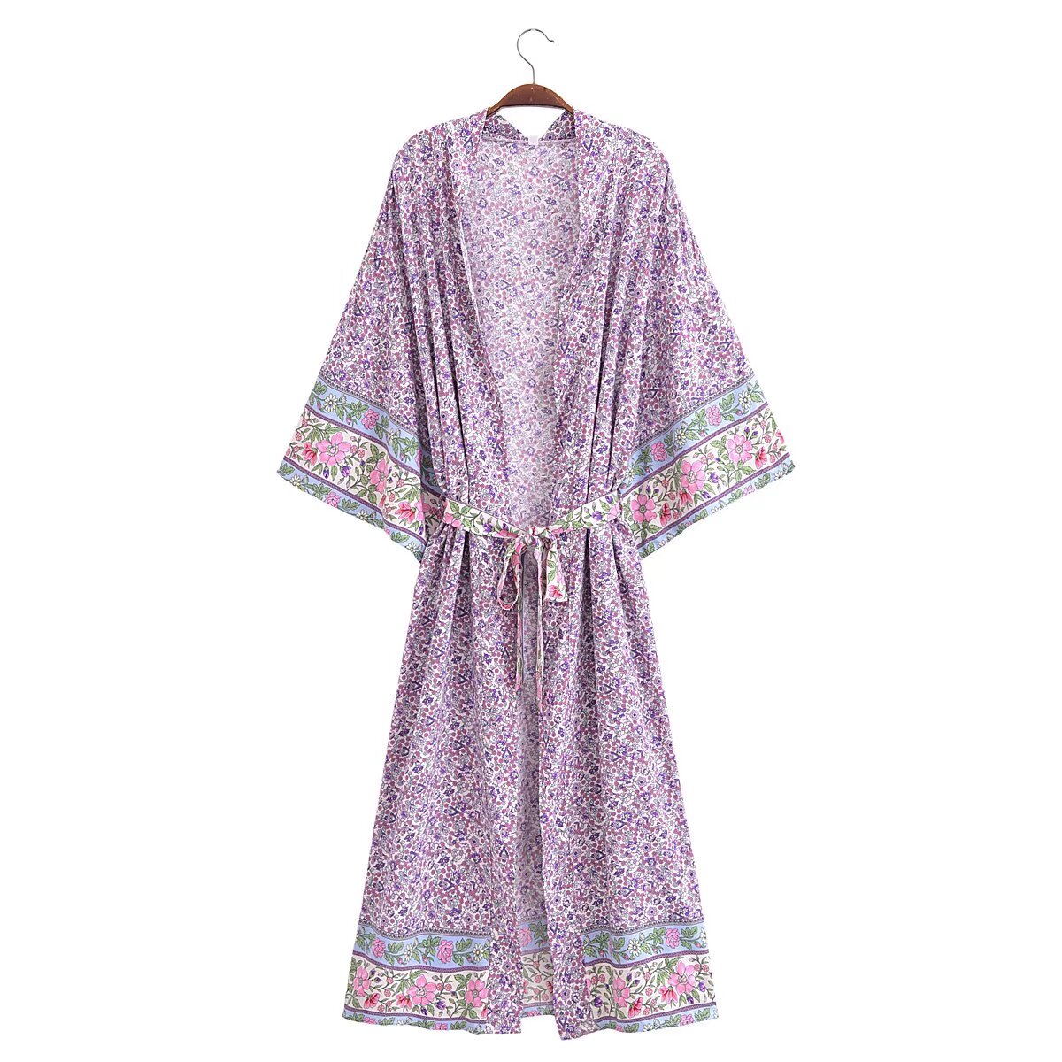 Autumn Winter Women Clothing Floral Print with Belt Long Sleeve Long Kimono Jacket