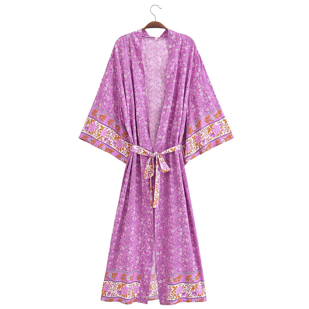 Autumn Winter Women Clothing Floral Print with Belt Long Sleeve Long Kimono Jacket