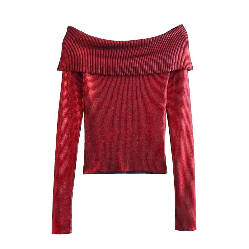 Winter Women Clothing Slim Fit off Shoulder Metal Foil Knitted Top