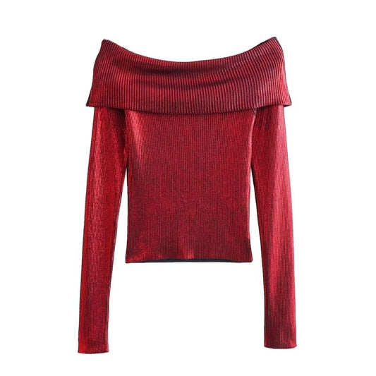 Winter Women Clothing Slim Fit off Shoulder Metal Foil Knitted Top