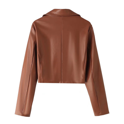 Women Clothing French Faux Leather Short Leather Jacket Coat