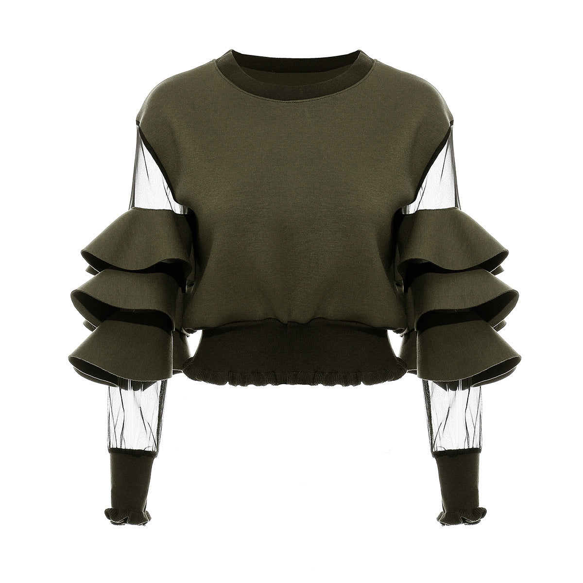 Air Layer Stitching Mesh See Through Ruffled Thread Cuff Hem Short Sweater Women