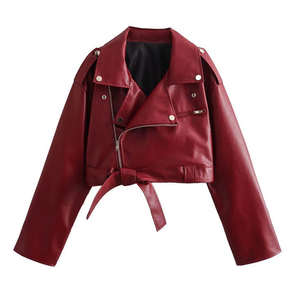 Women Clothing Early Spring Faux Leather Motorcycle Leather Short Jacket Jacket