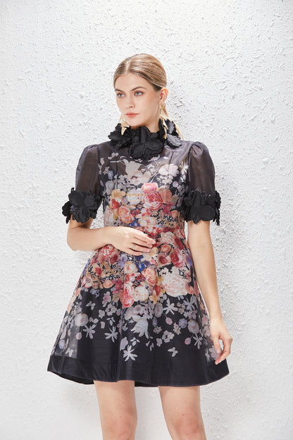 Vacation Style Heavy Industry Three Dimensional Flower Short Sleeved Lace Up Dress