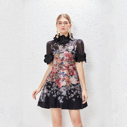 Vacation Style Heavy Industry Three Dimensional Flower Short Sleeved Lace Up Dress