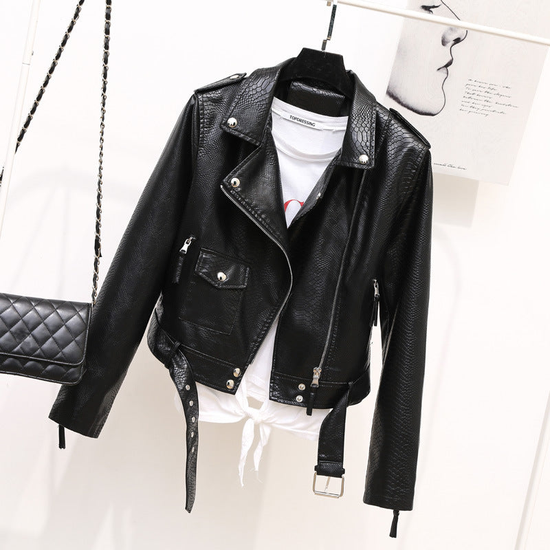 Texture Leather Coat for Women Autumn Polo Collar Belt Faux Leather Jacket Epaulet Short Motorcycle Slim Jacket