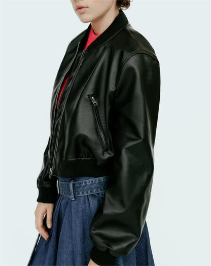 Retro Stand Collar Motorcycle Faux Leather Short Jacket Autumn Loose Casual Pilot Leather Coat