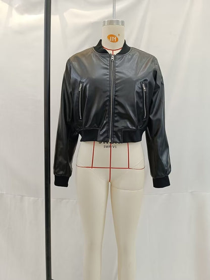 Retro Stand Collar Motorcycle Faux Leather Short Jacket Autumn Loose Casual Pilot Leather Coat