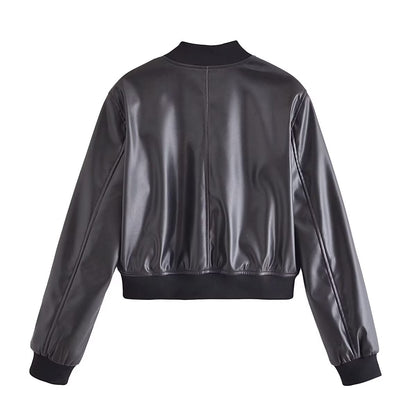 Retro Stand Collar Motorcycle Faux Leather Short Jacket Autumn Loose Casual Pilot Leather Coat