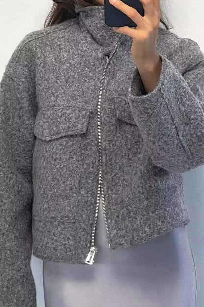 Autumn Women Collared Short Woolen Coat Smoky Gray Jacket