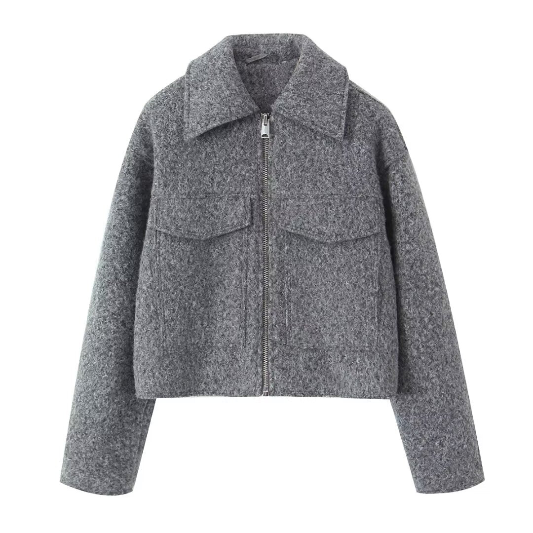 Autumn Women Collared Short Woolen Coat Smoky Gray Jacket