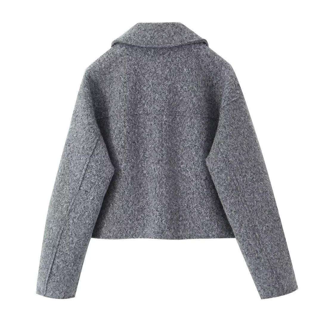 Autumn Women Collared Short Woolen Coat Smoky Gray Jacket