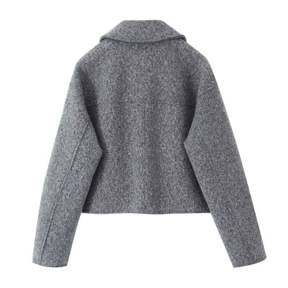 Autumn Women Collared Short Woolen Coat Smoky Gray Jacket