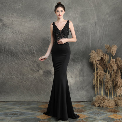 Handmade Applique Beaded Toast Clothing Bride Long Appreciation Dinner Slim-Fit Fishtail Wedding Evening Dress Formal Gown