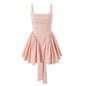 French Sweet Solid Color Bow Decoration Dress Autumn High Waist Short Hem Crumpled A Line Slip Dress