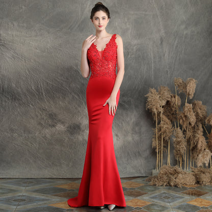 Handmade Applique Beaded Toast Clothing Bride Long Appreciation Dinner Slim-Fit Fishtail Wedding Evening Dress Formal Gown