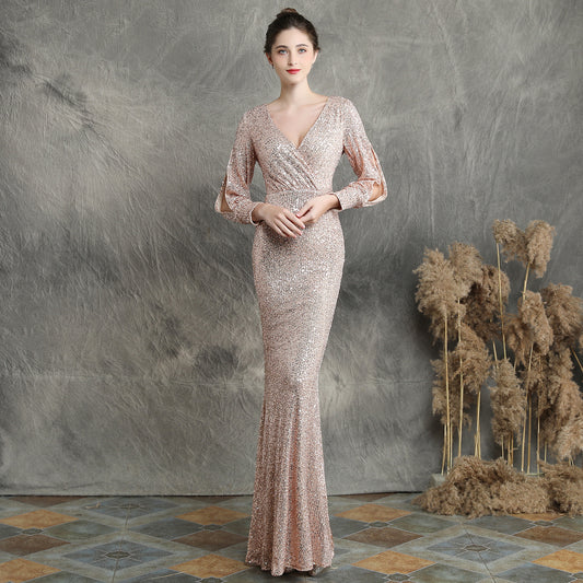 Cocktail Elegant Long Long Sleeve Sequined Atmosphere Queen Fishtail Evening Dress