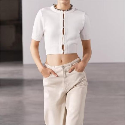 Elegant Classic Short Sleeve Sweater Pullover Women Summer Slim Fit V-neck Bead Top Half Sleeve Thin