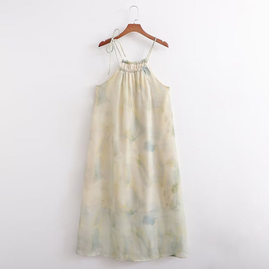 Chinese Oil Painting Blooming Drawstring Halter Dress Early Spring