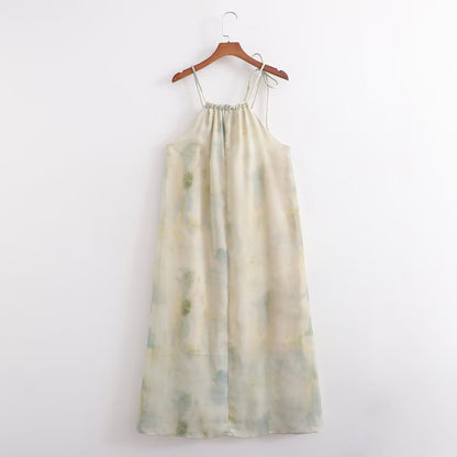 Chinese Oil Painting Blooming Drawstring Halter Dress Early Spring