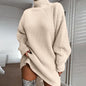 Autumn Winter Popular Knitwear Mid-Length Raglan Sleeve Mock Neck Sweater Dress