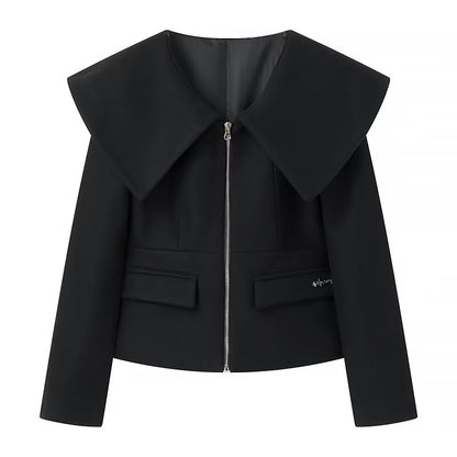 Black Sailor Collar Stitching Zipper Cropped Coat Top Women