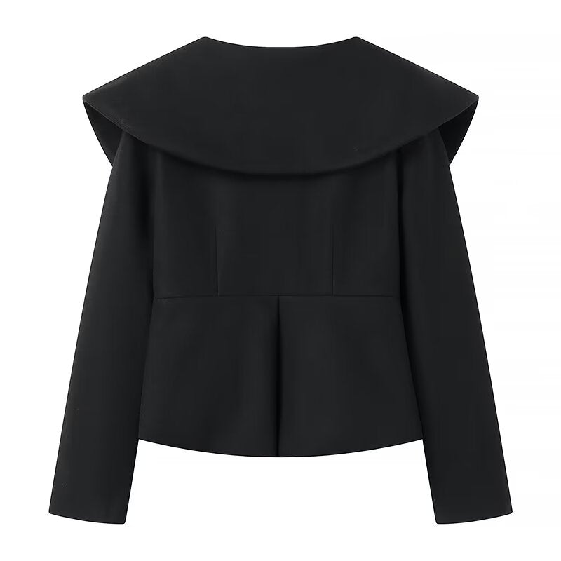 Black Sailor Collar Stitching Zipper Cropped Coat Top Women