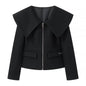 Black Sailor Collar Stitching Zipper Cropped Coat Top Women