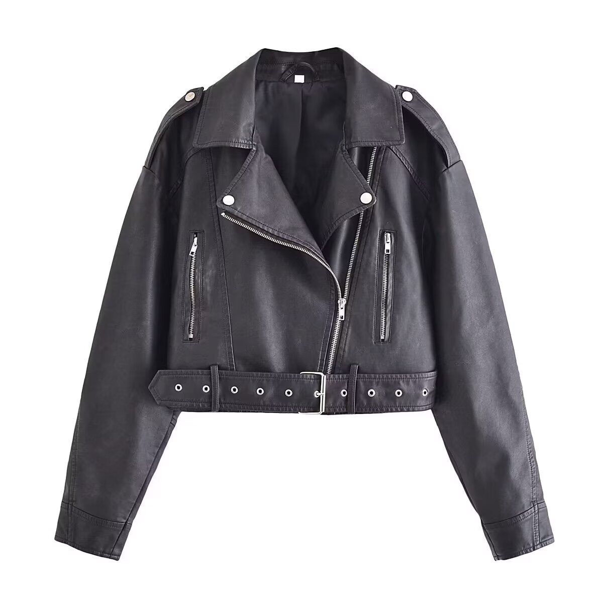 Retro Washed Collared Zipper Ornament Faux Leather Jacket Autumn Winter Street Cropped Jacket