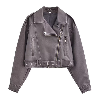 Retro Washed Collared Zipper Ornament Faux Leather Jacket Autumn Winter Street Cropped Jacket