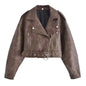 Retro Washed Collared Zipper Ornament Faux Leather Jacket Autumn Winter Street Cropped Jacket