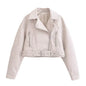 Retro Washed Collared Zipper Ornament Faux Leather Jacket Autumn Winter Street Cropped Jacket