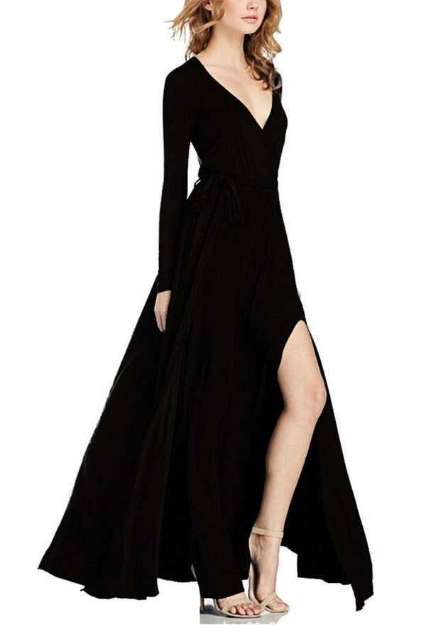 Floor Length Dress Classic Product Long Sleeve V Neck Solid Color Sexy Dress