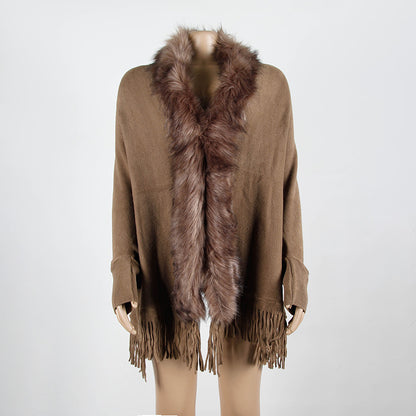 Autumn Winter Tassel Cape Shawl Fur Collar Cloak Solid Color Cardigan Sweater