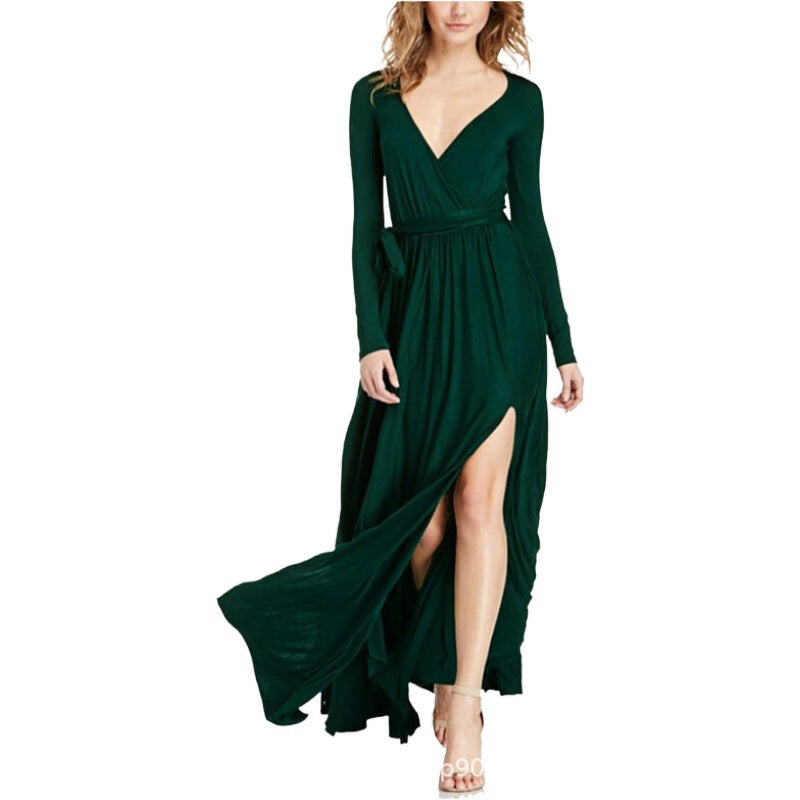 Floor Length Dress Classic Product Long Sleeve V Neck Solid Color Sexy Dress