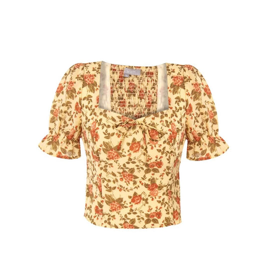 Spring Women Clothing Floral Print Pleated Pullover Shirt Top