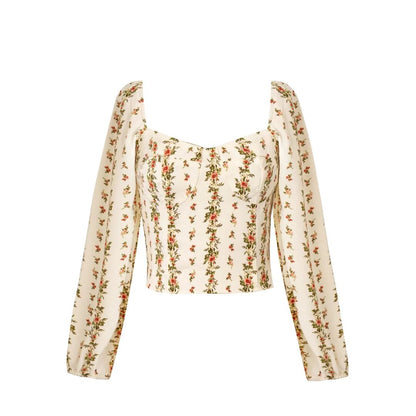 Women Clothing Early Autumn Square Collar Fresh Floral Long Sleeve Bow Tie Short Top Shirt