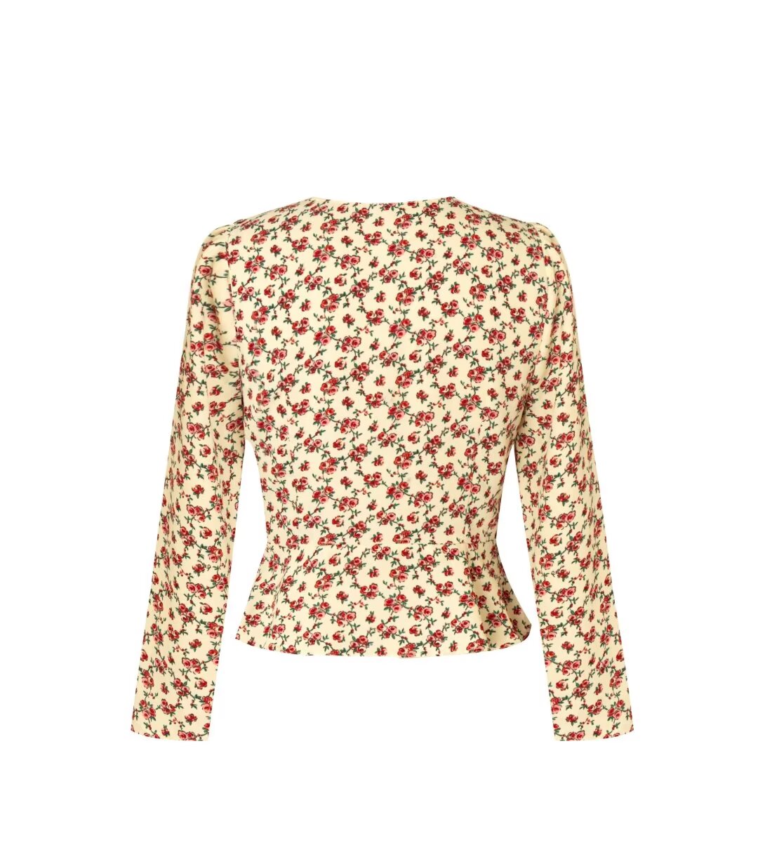 French Sweet Floral V Neck Single Breasted Long Sleeved Shirt Spring Slim Slimming Elegant Top Women