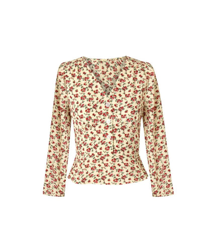 French Sweet Floral V Neck Single Breasted Long Sleeved Shirt Spring Slim Slimming Elegant Top Women