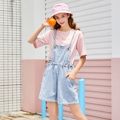 Women Clothing Denim Drawstring Suspender Pants