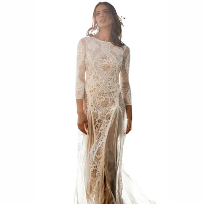 Spring Women Clothing Dress round Neck Long Sleeve Hollow Out Cutout Backless Lace Ladies Cocktail Wedding Dress