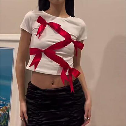 Spring Round Neck Short Sleeve Bow Strap Cropped T Shirt Women