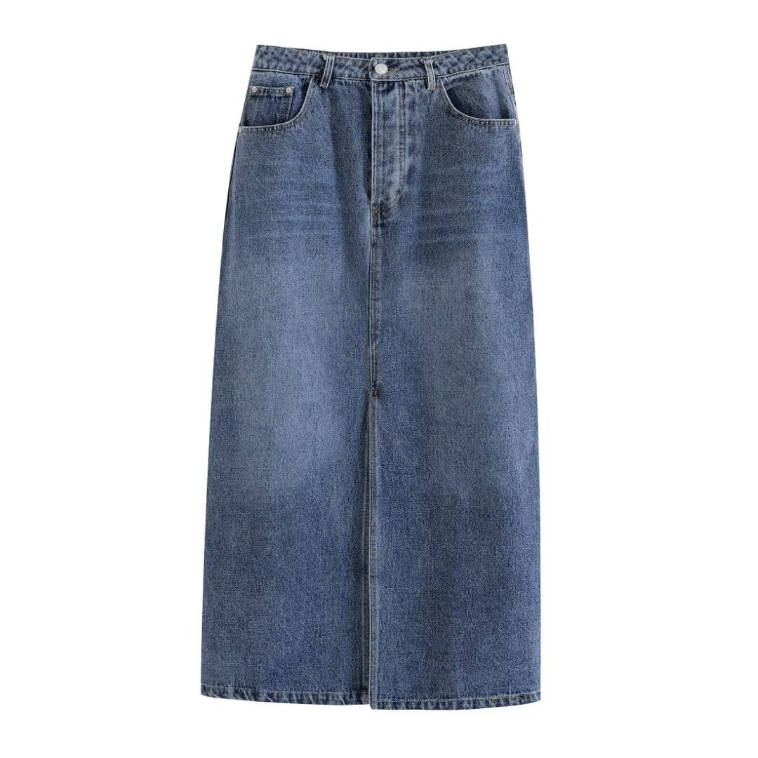 Women Clothing Retro Slit Denim Skirt Women Spring Summer High Waist Slimming Pear Shaped Figure A Line Skirt