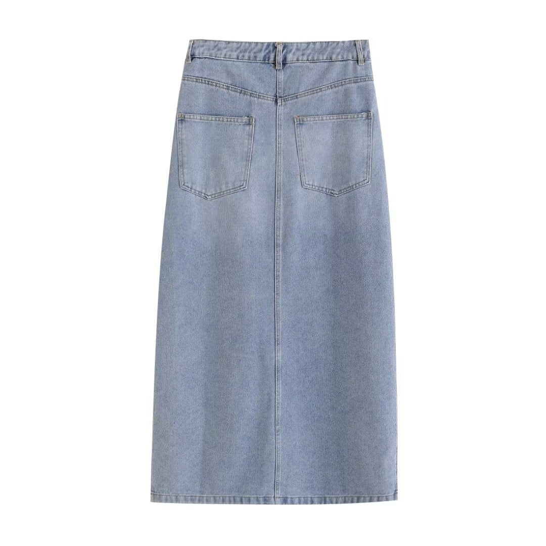 Women Clothing Retro Slit Denim Skirt Women Spring Summer High Waist Slimming Pear Shaped Figure A Line Skirt