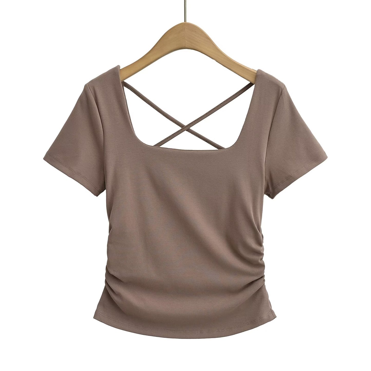 Women Sexy Basic All Matching Cross Hollowed Slim Fit Pleated Short T Shirt