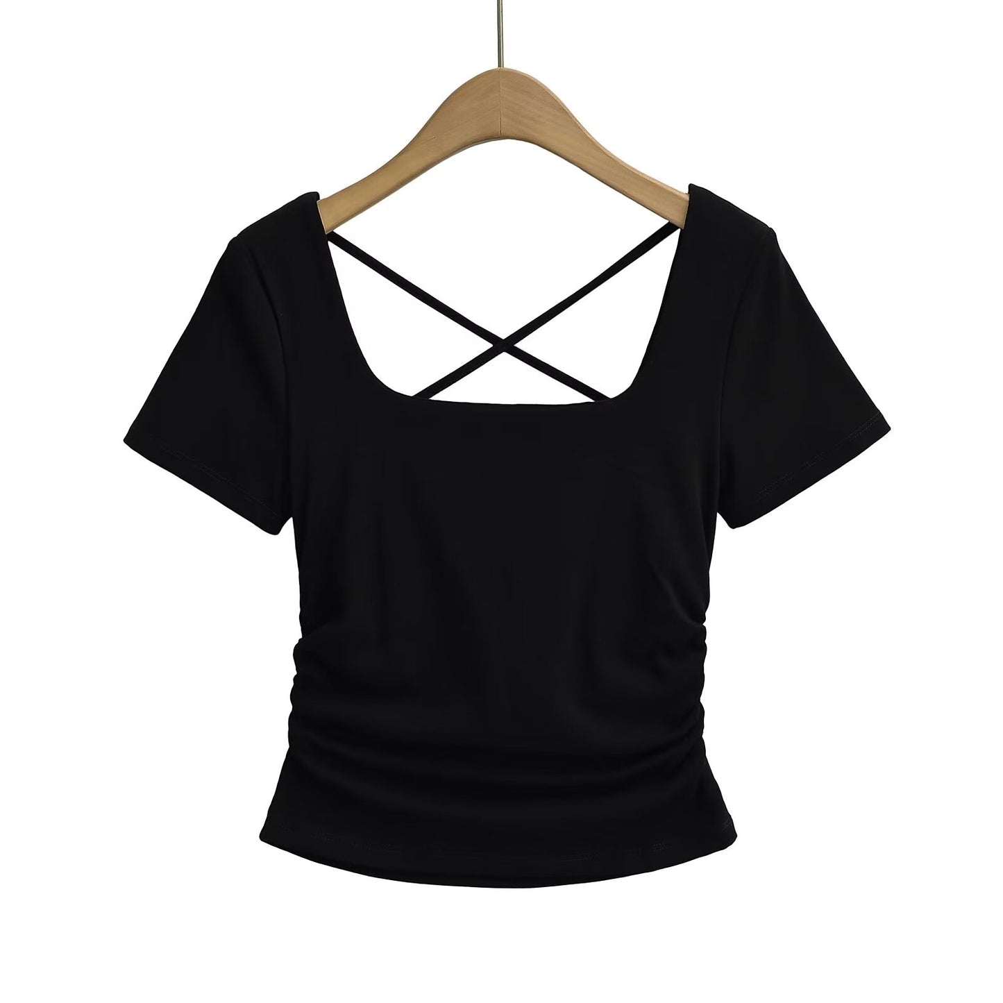 Women Sexy Basic All Matching Cross Hollowed Slim Fit Pleated Short T Shirt