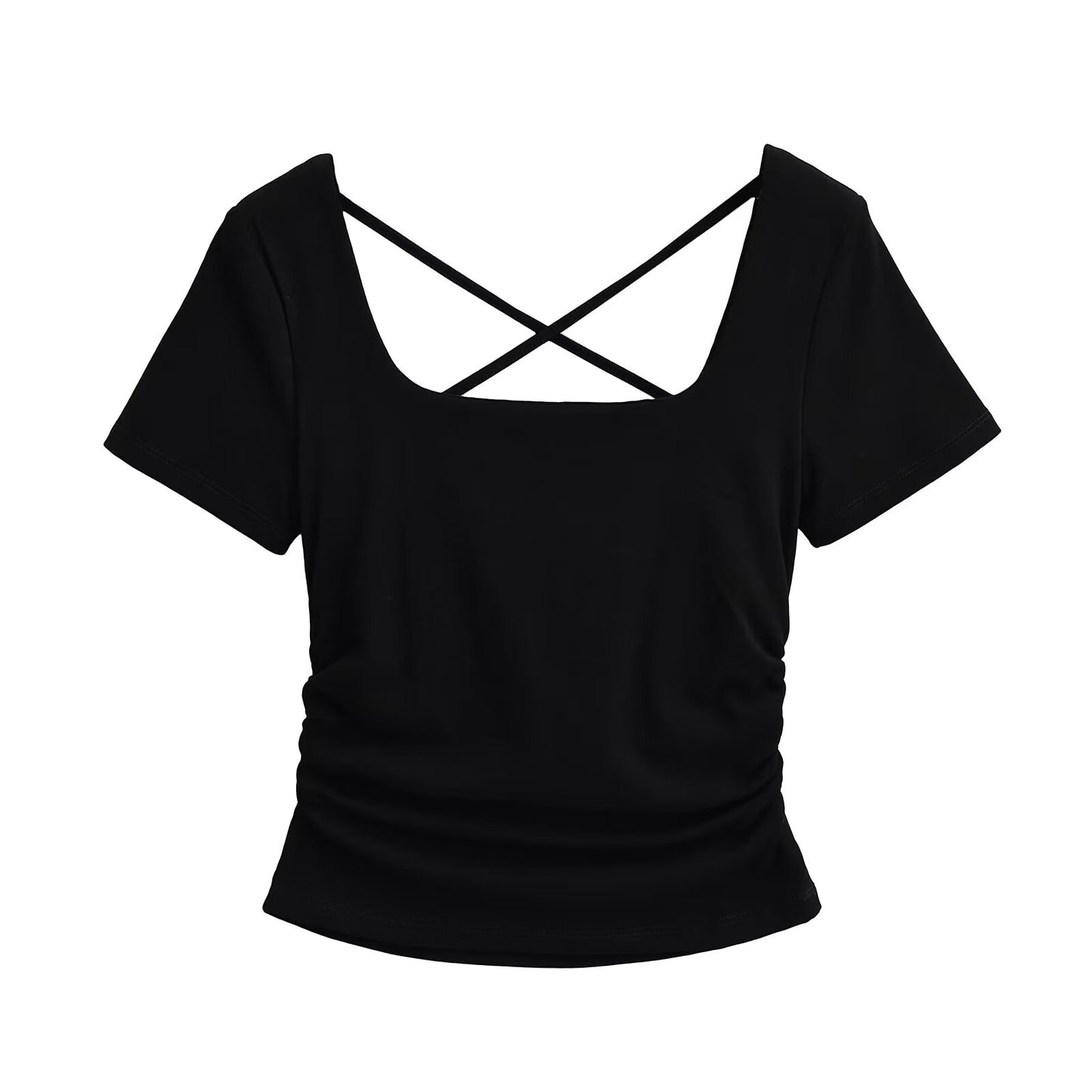 Women Sexy Basic All Matching Cross Hollowed Slim Fit Pleated Short T Shirt