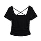 Women Sexy Basic All Matching Cross Hollowed Slim Fit Pleated Short T Shirt